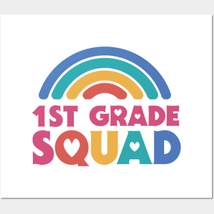 Cute School Teacher 1st Grade Squad with Retro Rainbow and Hearts Posters and Art